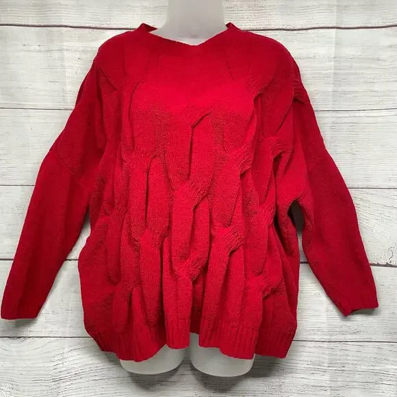 J. Jill Chenille Red Boxy Cropped Cable Knit Sweater Size L Petite - Picture 9 of 9